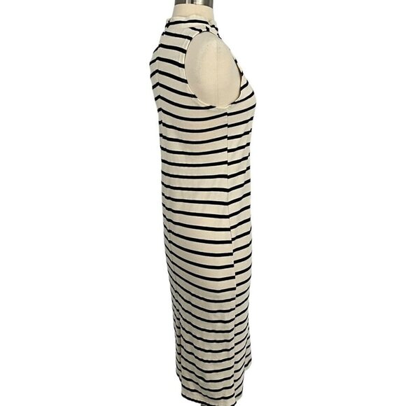 Monrow Size M Striped Midi Dress White Black Sleeveless Mock Neck Knee Length - Picture 5 of 11